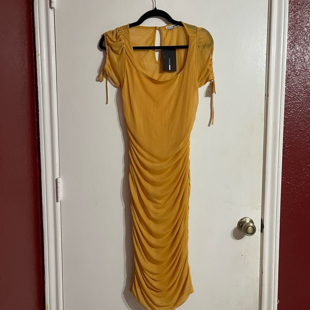 Fashion Nova Yellow Sheath Midi Dress Scoop Neck Cap Sleeve